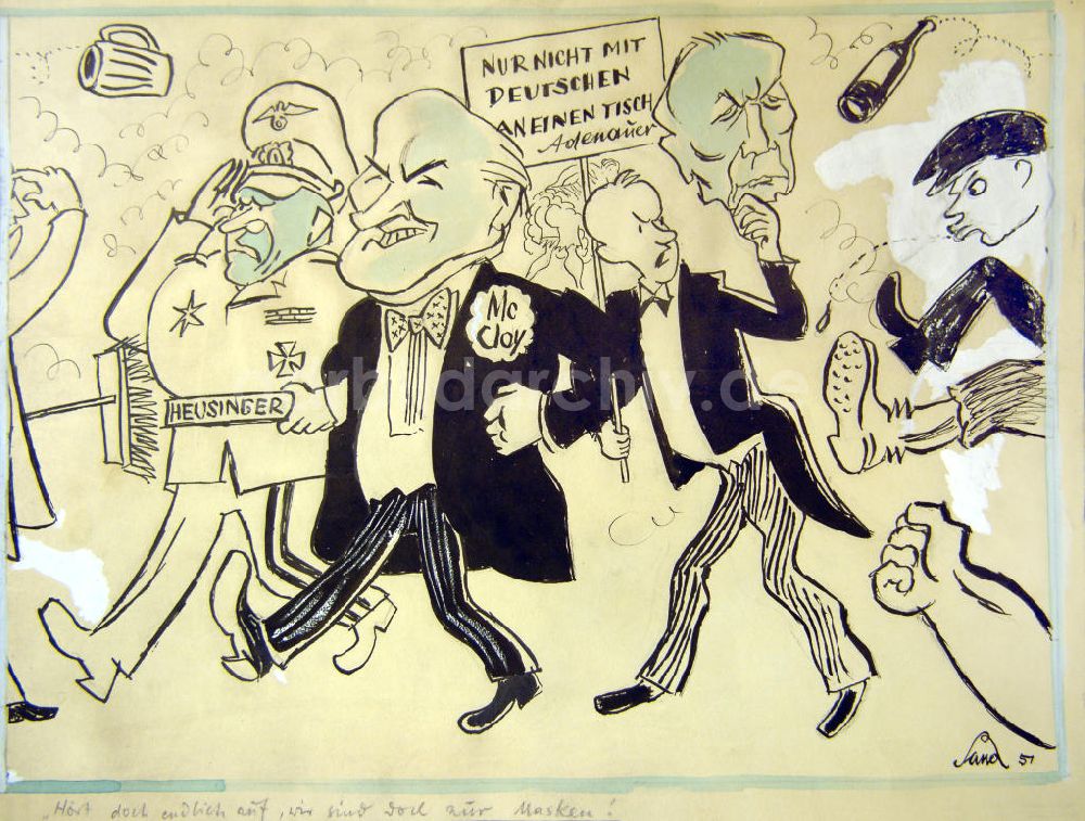 DDR-Bildarchiv: Berlin - Zeichnung von Herbert Sandberg Hört doch endlich auf, wir sind doch nur Masken! aus dem Jahr 1951