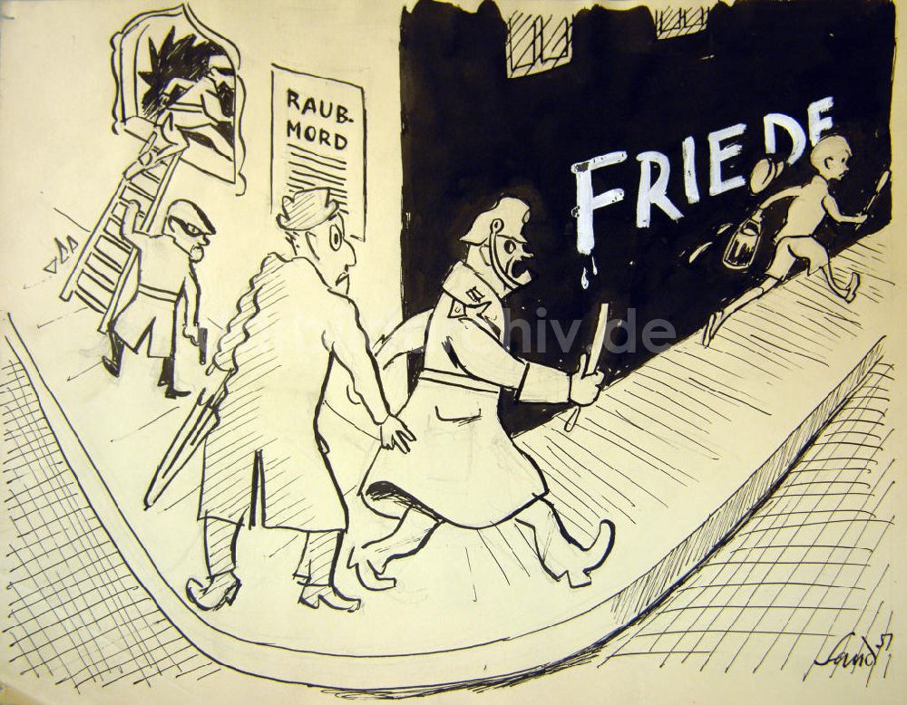 DDR-Fotoarchiv: Berlin - Zeichnung von Herbert Sandberg Raubmord/Friede aus dem Jahr 1951