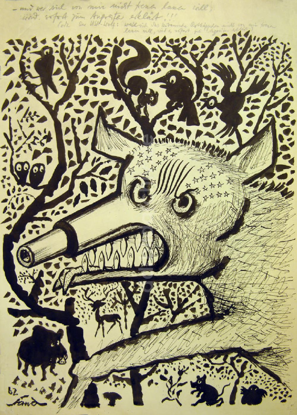 DDR-Fotoarchiv: Berlin - Zeichnung von Herbert Sandberg Der USA-Wolf aus dem Jahr 1962