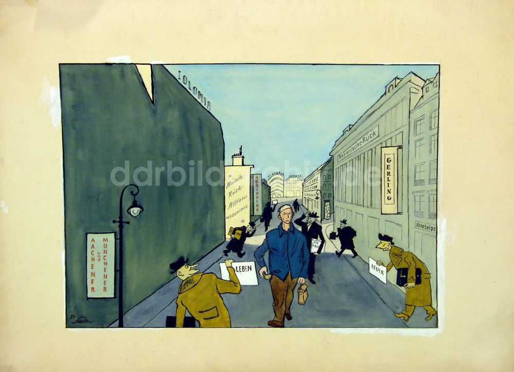 DDR-Bildarchiv: Berlin - Zeichnung von Herbert Sandberg Versicherung 2 aus dem Jahr 1954