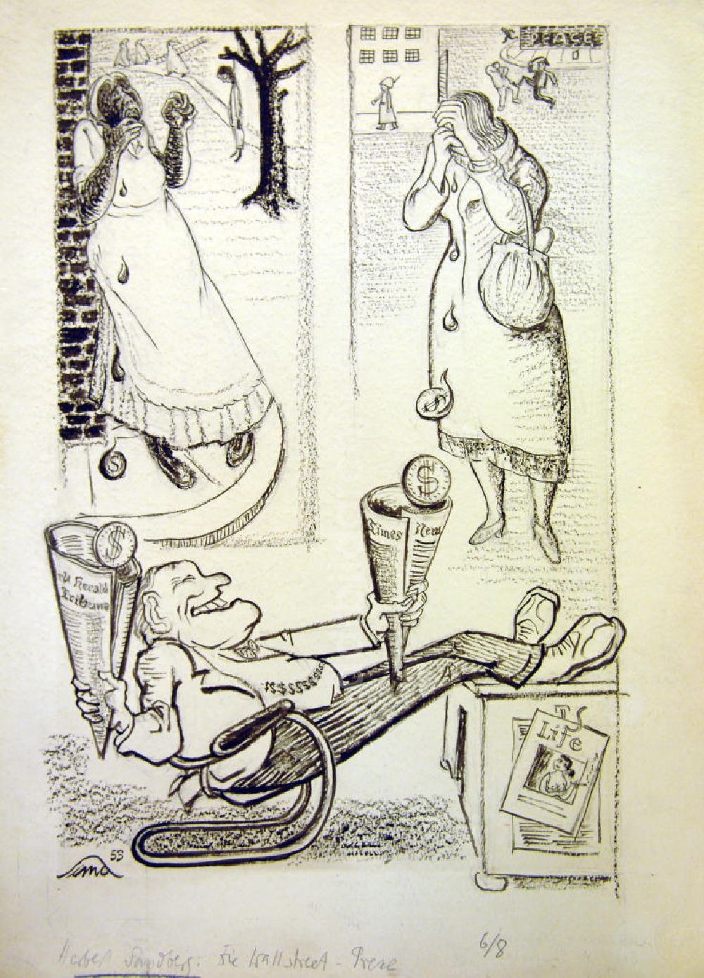 DDR-Bildarchiv: Berlin - Zeichnung von Herbert Sandberg Die Wallstreet-Presse/schwarze Tränen aus dem Jahr 1953