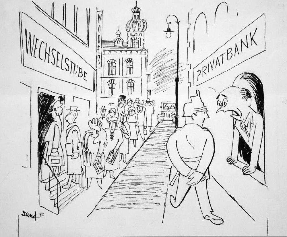 DDR-Fotoarchiv: Berlin - Zeichnung von Herbert Sandberg Wechselstube und Privatbank aus