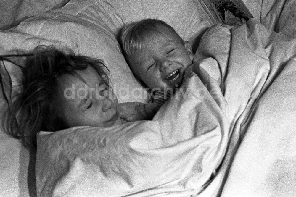 DDR-Bildarchiv: Merseburg - Zwei kleine Kinder liegen lachend im Bett der Eltern in Merseburg im Bundesland Sachsen-Anhalt in Deutschland